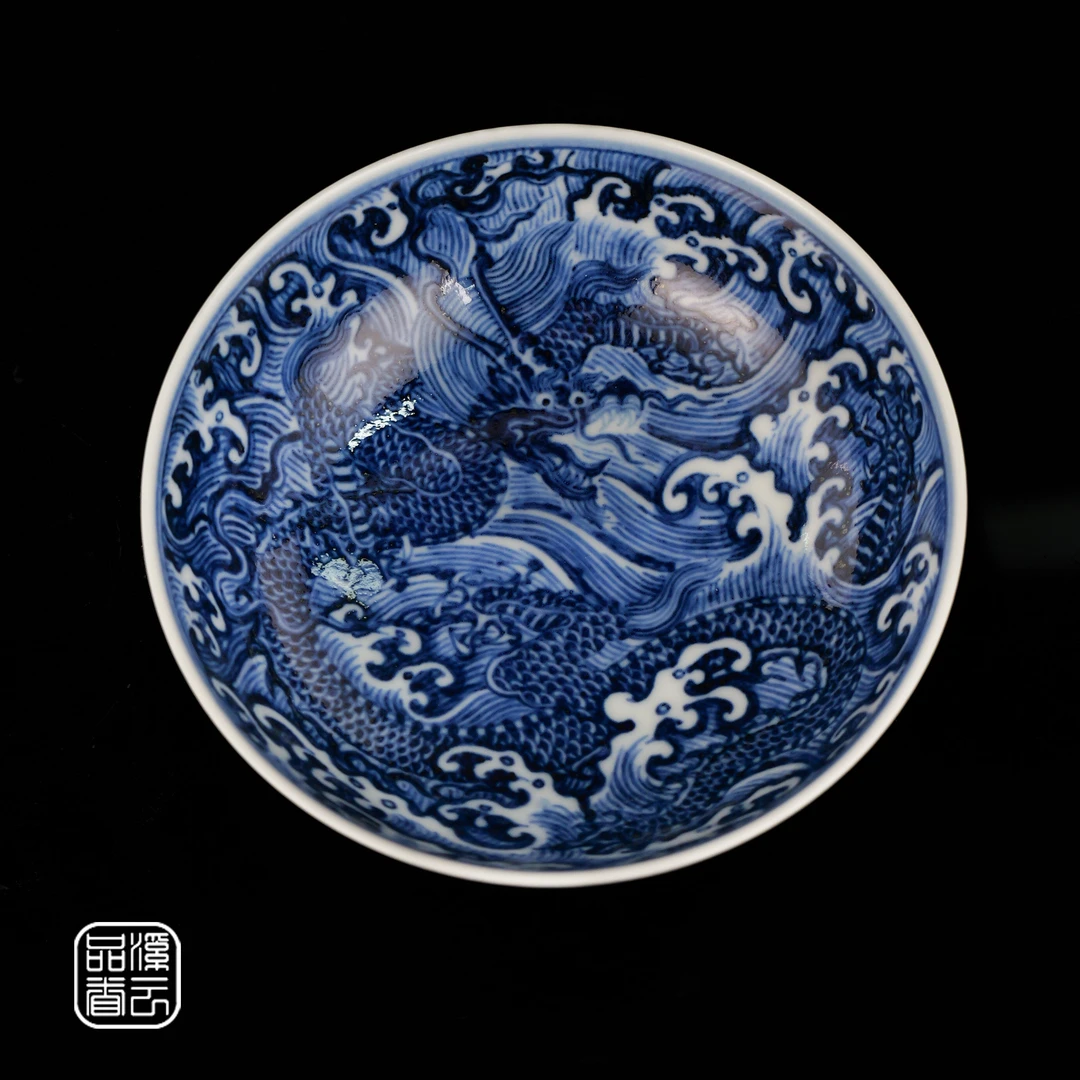 泽一堂 景德镇柴窑手工手绘陶瓷青花满绘江崖海水三龙普洱主人杯