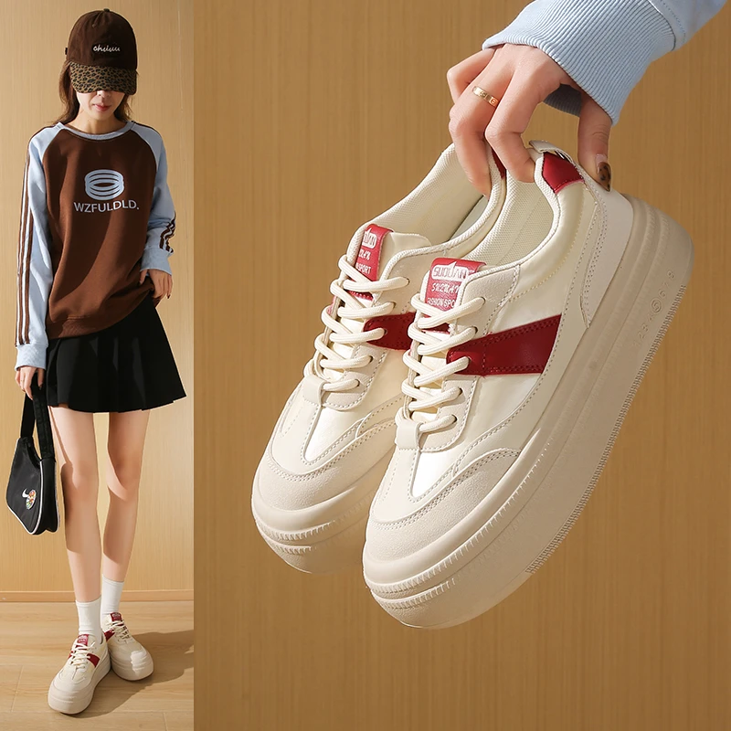 品牌断码小白鞋女2025春季新款百搭增高面包板鞋松糕厚底休闲鞋女