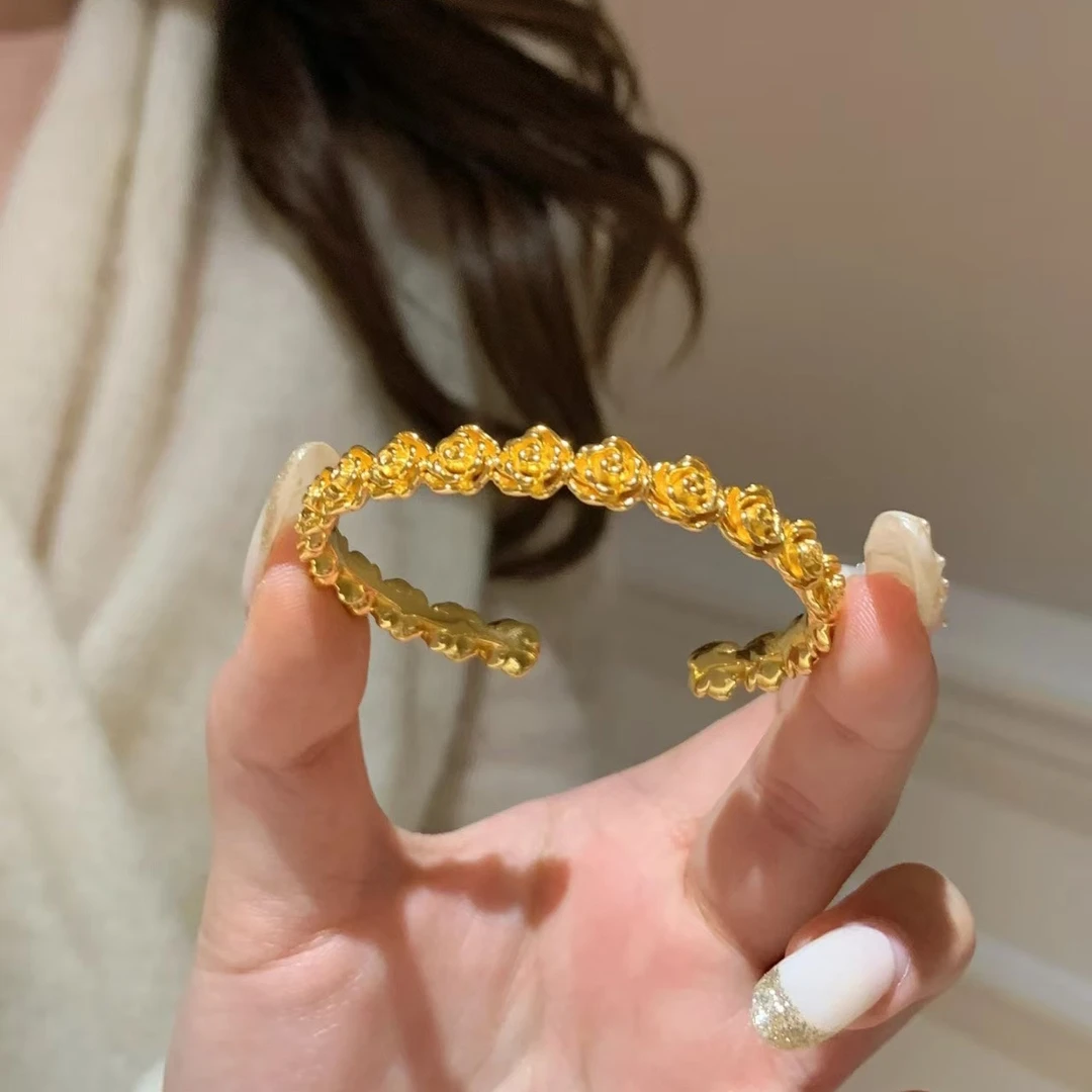 铜合金手镯 不掉色复古宫廷风玫瑰花手镯立体雕刻小众设计感手饰