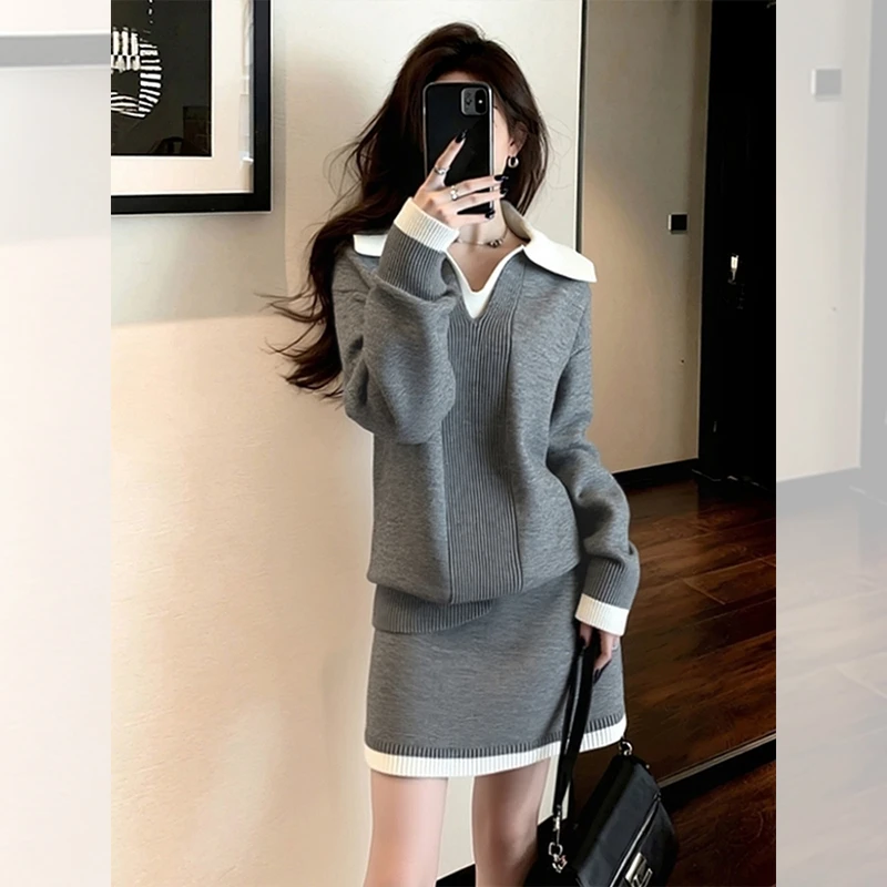 漂亮出片衣服女装秋冬季炸街一整套灰色假两件针织毛衣半裙两件套