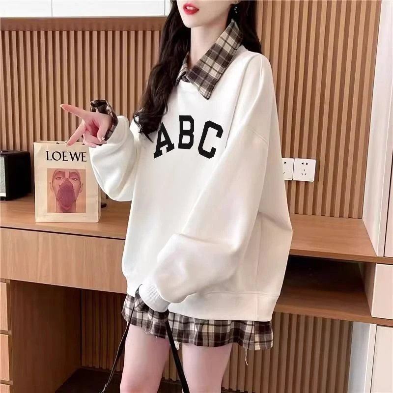 假两件拼接POLO领卫衣女洋气宽松胖mm遮肉显瘦ins超火炸街上衣潮