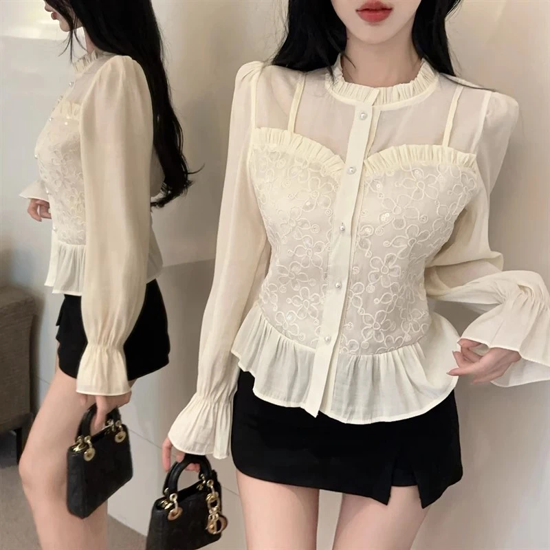 宫廷风荷叶边喇叭袖缎面衬衫女法式绝美亮片高级感假两件衬衣903#