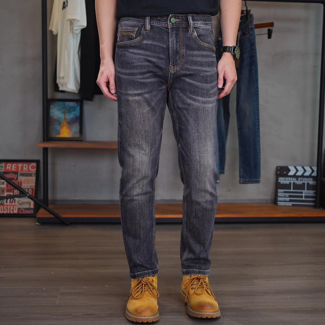 DH81076秋冬季黑灰色简约风男复古港风牛仔裤复古韩版修身小直筒
