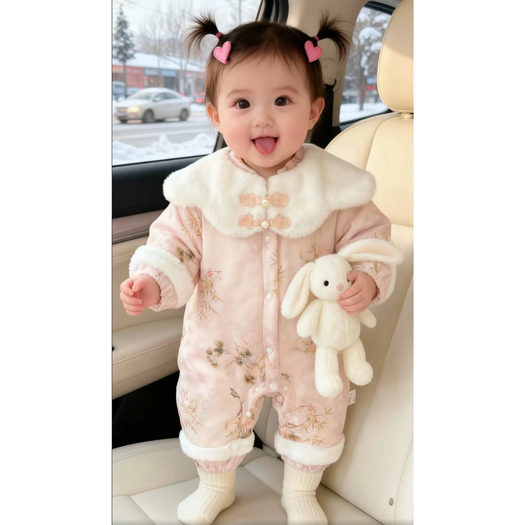 婴儿爬服2025冬新款女童超萌洋气哈衣女宝宝印花保暖毛毛领连体衣