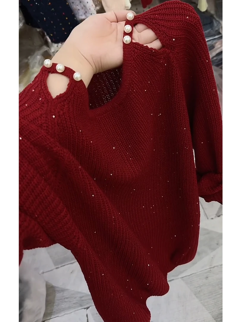 红色圆领镂空针织衫上衣女装秋冬2025新款高级感重工钉珠毛衣