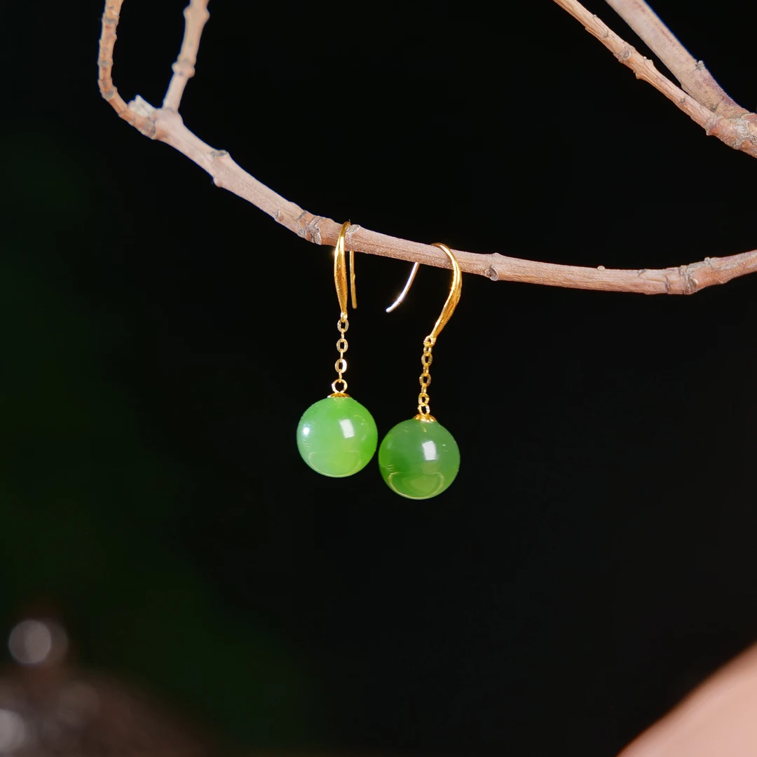 【小雨来了】18k金镶嵌和田玉碧玉单珠耳钩 耳坠 多样性发一件