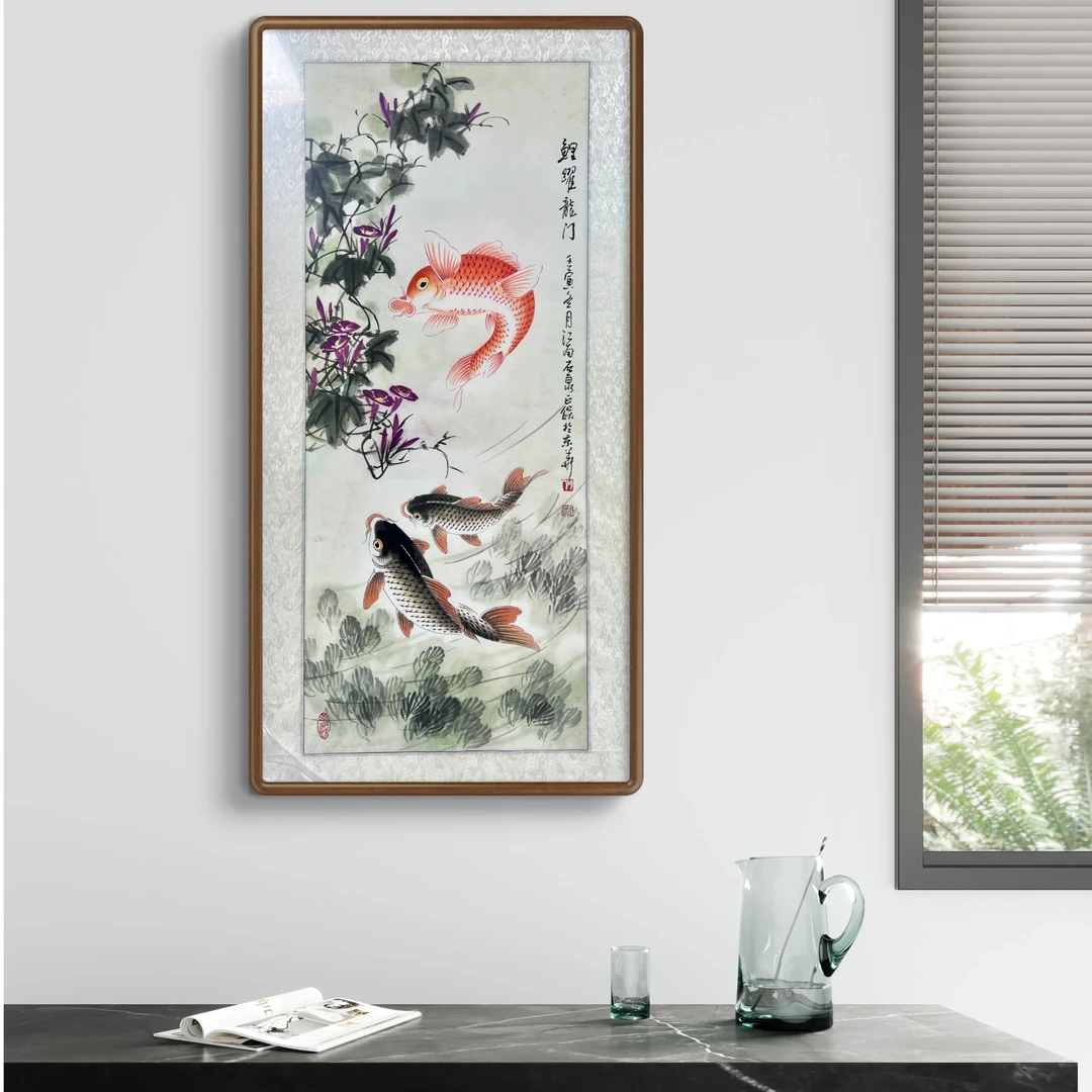 陈正保老师纯手绘国画锦鲤-牵牛花鲤鱼（框120*60）胡桃木实木框