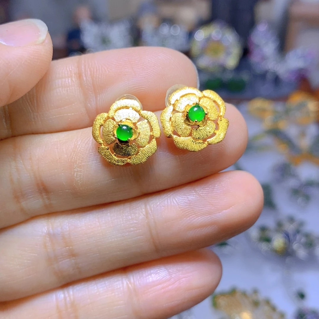 翡翠耳钉银S925镶嵌天然翡翠