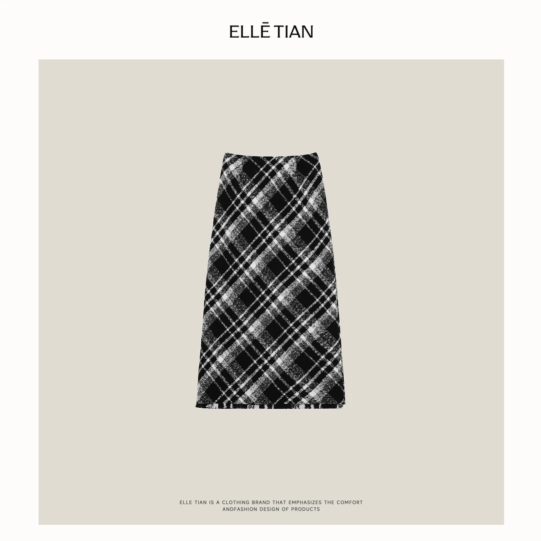 ELLETIAN "黑白格"羊毛 流苏格子毛呢半裙EZDS010