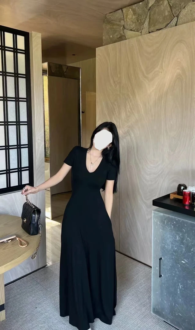 公主 赫本风v领收腰显瘦长款短袖连衣裙20676短款/30676长款