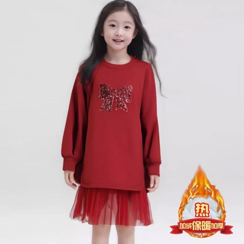 女童喜庆拜年服加绒蝴蝶结纱裙2025新款冬季儿童红色过年公主裙子