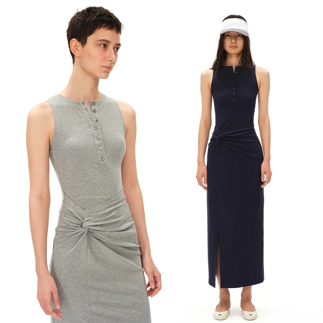 SMIIILE气质感高弹修身显瘦亨利领收腰扭结无袖背心连衣长裙女夏