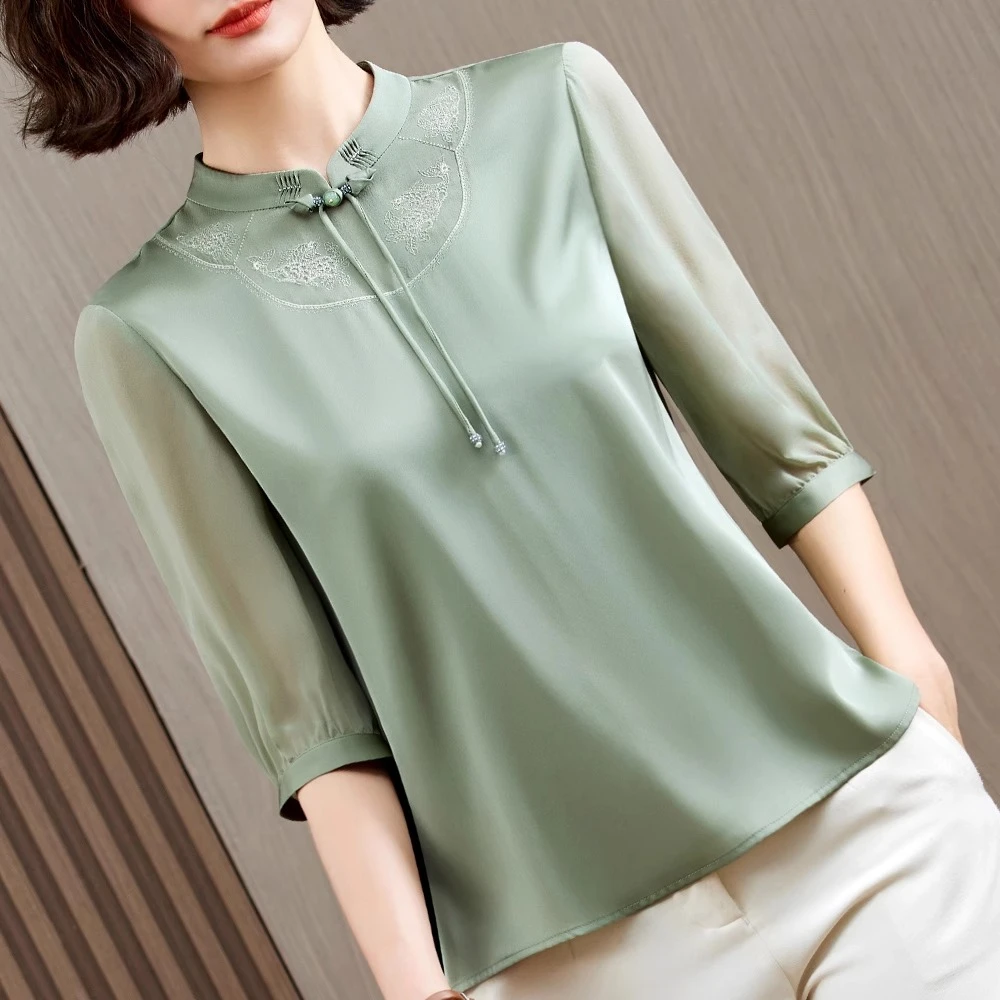 真丝衬衫女士2025年新款夏装短袖立领绣花中式国风洋气桑蚕丝上衣