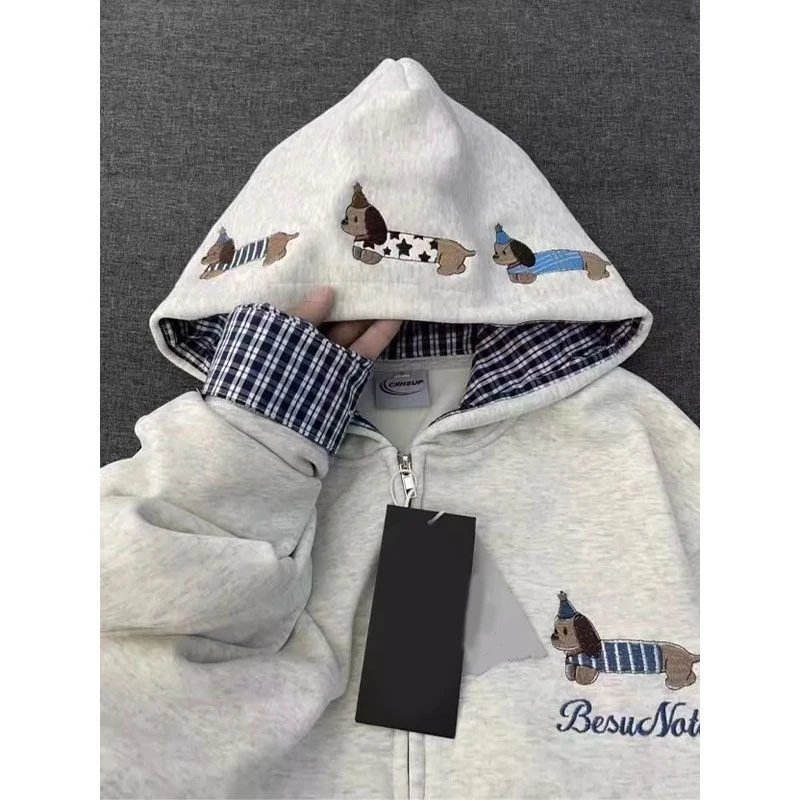 美式小狗刺绣假两件开衫外套女秋冬宽松慵懒chic格子拼接连帽卫衣