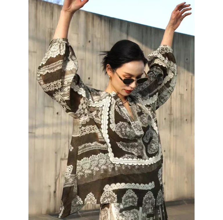 【扶摇东方】夏季新品复古欧式风气质高级撞色拼花长袖衬衫.Y9747