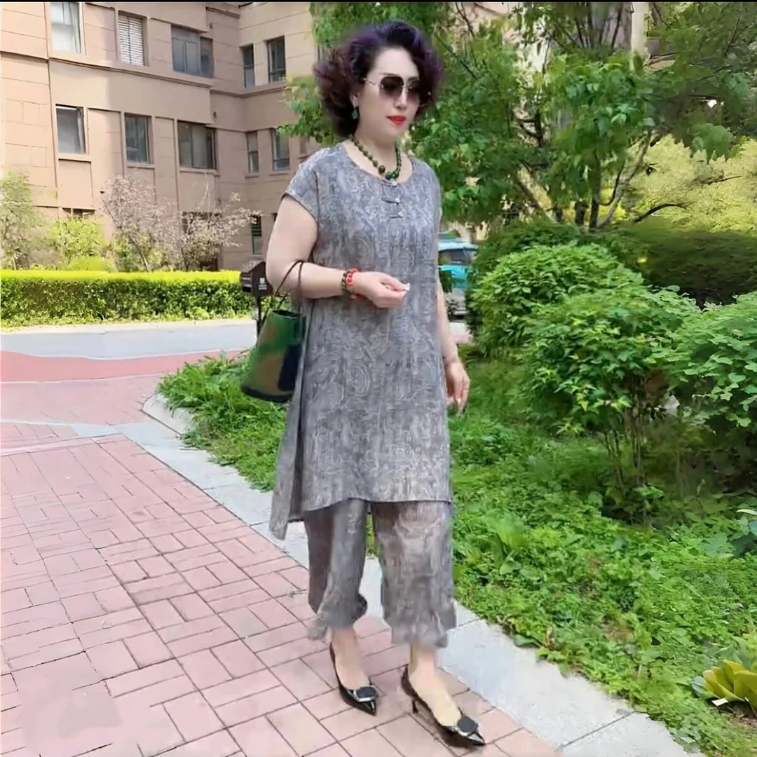 气质女士洋气时髦提花设计时尚套装盘扣中长款大衫阔腿裤两件套装