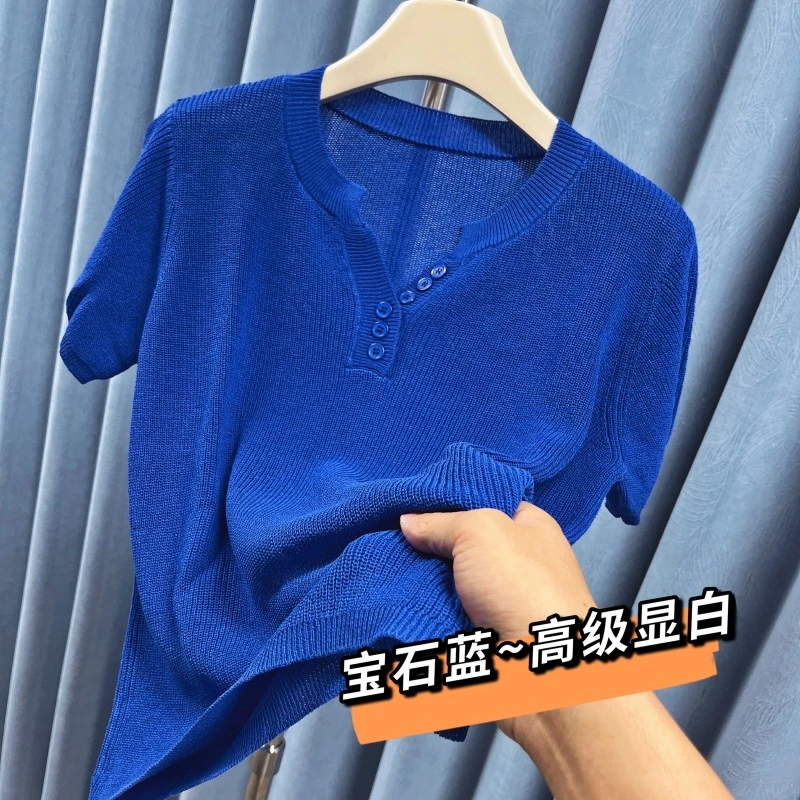 精品/和纸沙/冰感透气/显白半扣V领/针织短袖A156