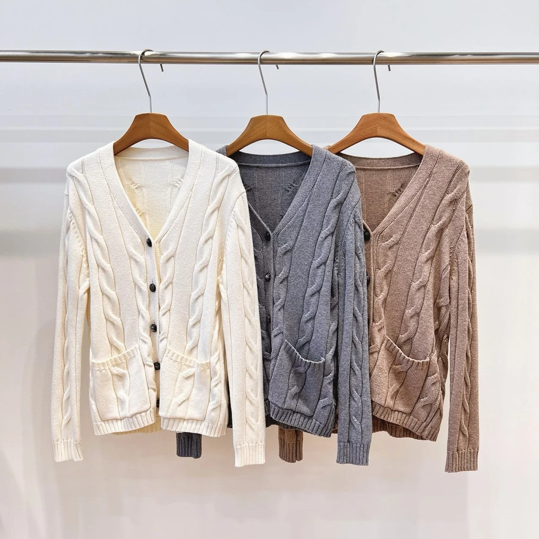 麻花毛衣开衫  V领绞花加厚针织开衫秋冬复古羊绒毛衣外套