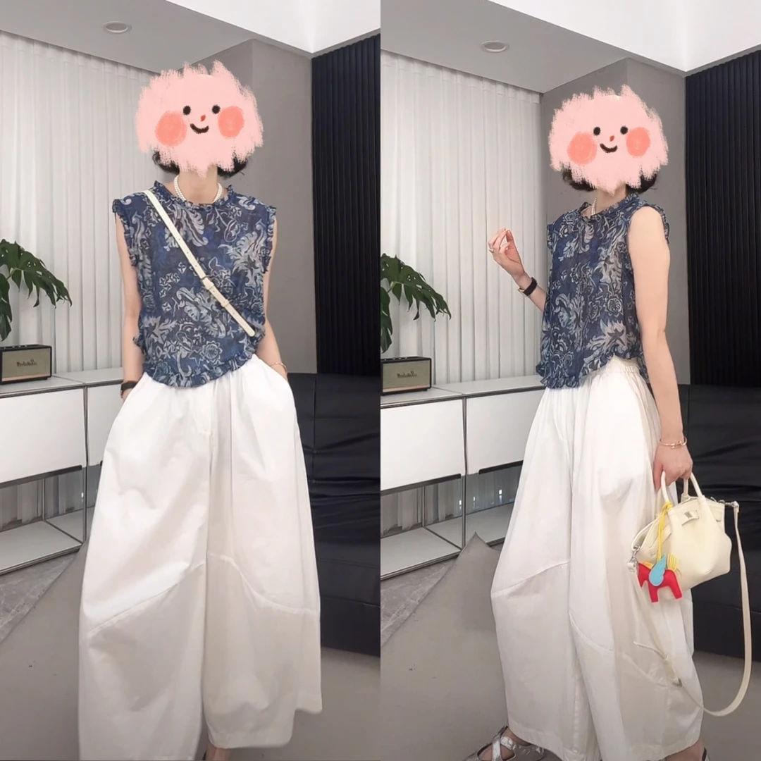 2025夏季新款圆领木耳边拼接坎肩无袖背心花色衬衫上衣百搭气球裤