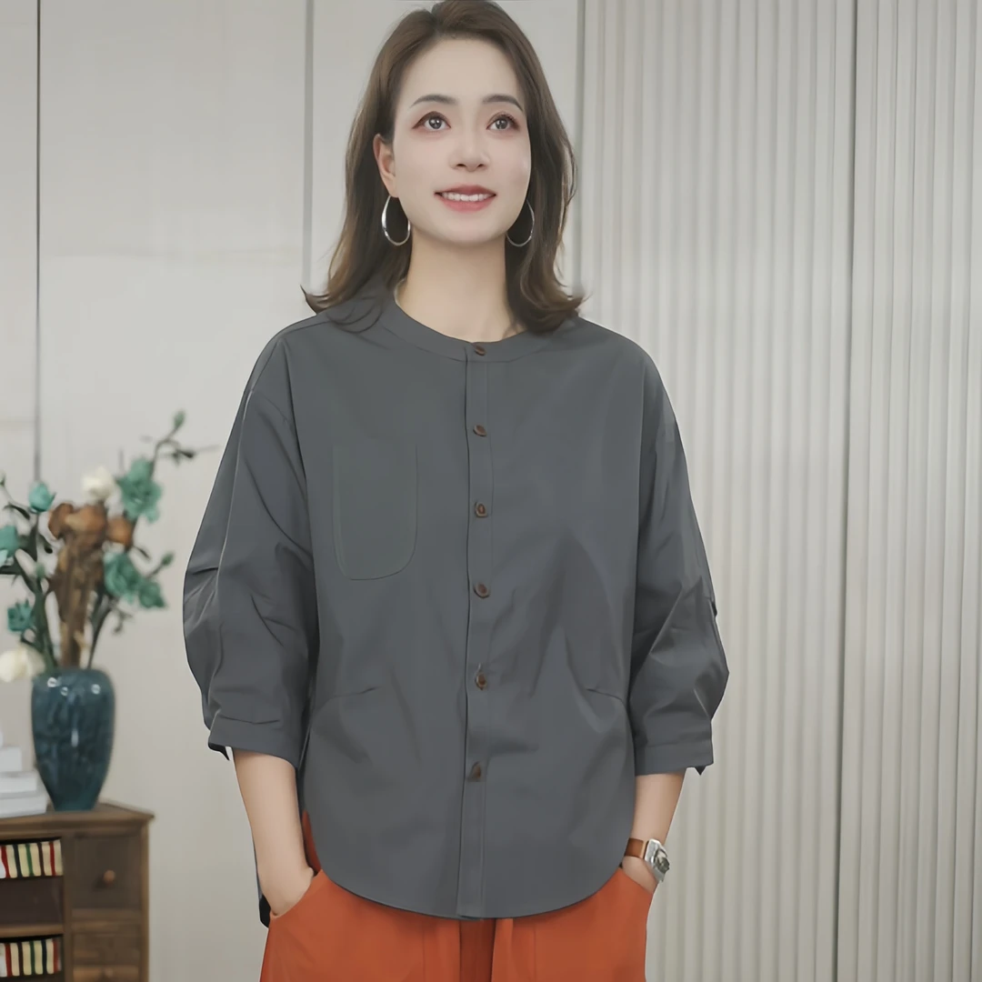 夏季新款时尚休闲百搭中袖衬衫宽松显瘦遮肉圆领文艺衬衣女1045