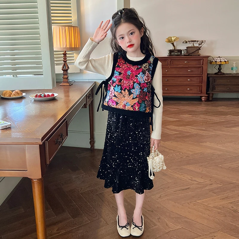 栀了成长记童装女童夹棉亮片马甲冬装儿童宝宝新中式时髦新年衣服