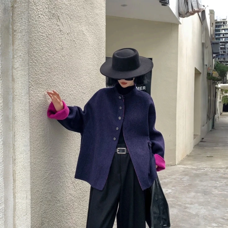 老钱风加绒加厚款女短款毛呢外套宽松针织上衣休闲
