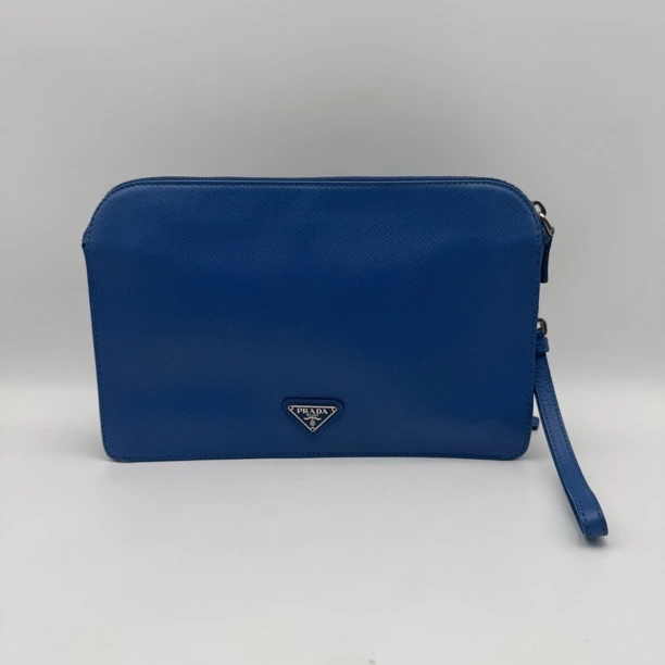 95新 Prada/普拉达 97新宝蓝色十字纹全皮手拿包/2769