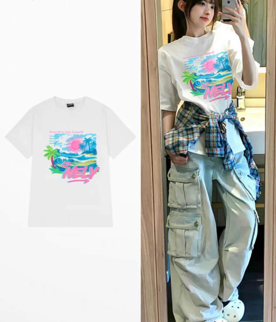 【芳芳好物】夏季印花潮流春夏卡通圆领设计感纯棉短袖-美式海浪