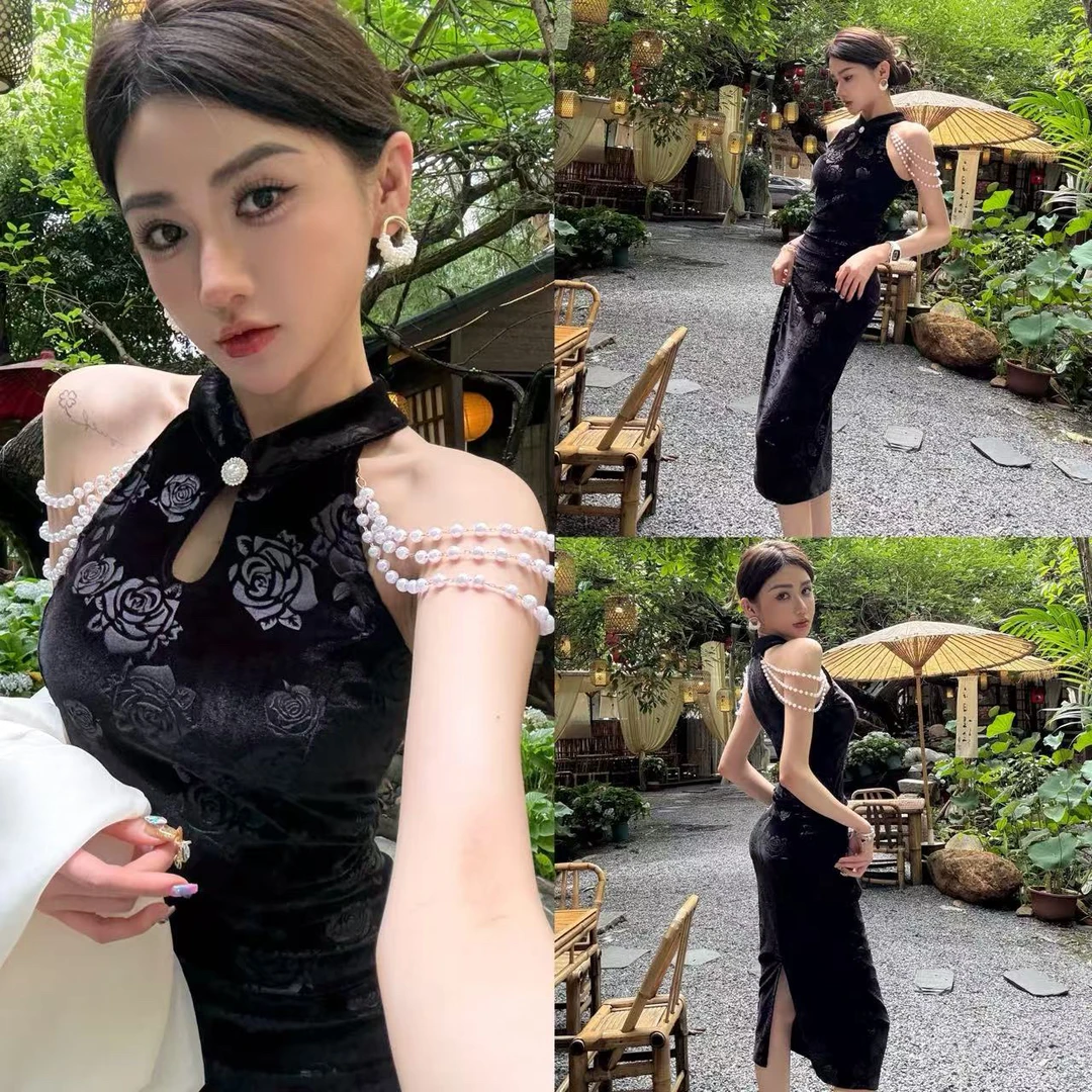 珍珠暗纹提花改良旗袍名媛气质修身连衣裙