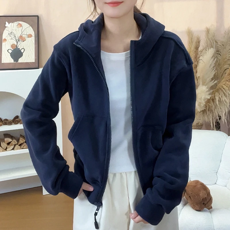 秋冬新款加绒加厚奥粒绒外套宽松休闲连帽卫衣女上衣