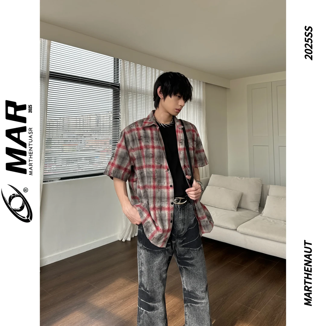 MARTHENAUT夏季新款格子脏脏晕染衬衫复古格纹短袖上衣