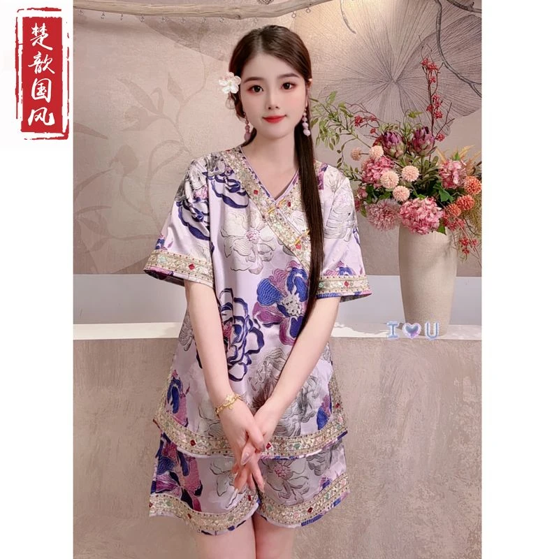 【云锦浮花】夏季新款气质复古新宽松中式上衣+短裤提花国风两件套
