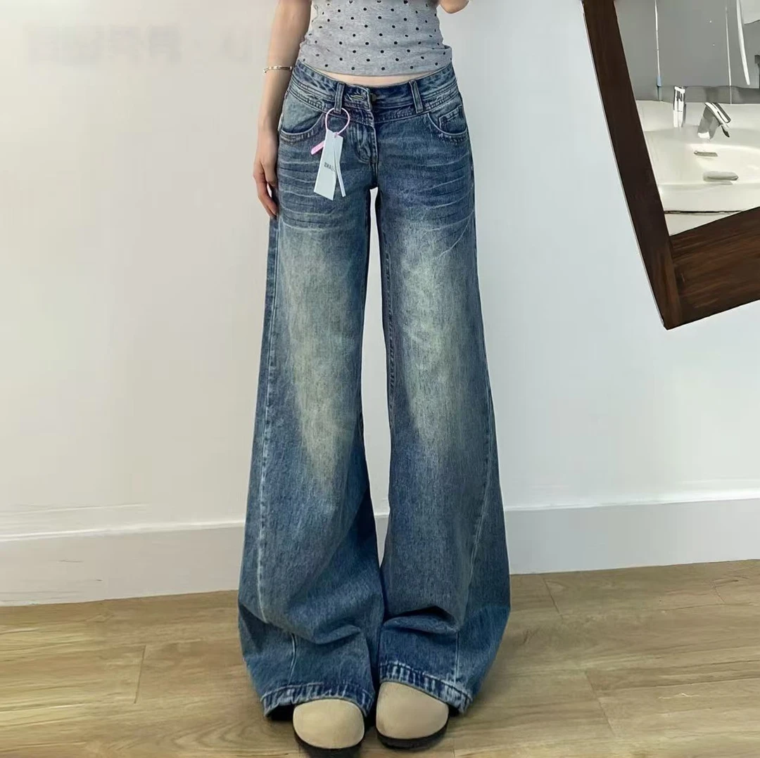 美式复古折痕弯刀牛仔裤女2025秋季爆款低腰宽松显瘦阔腿拖地裤子