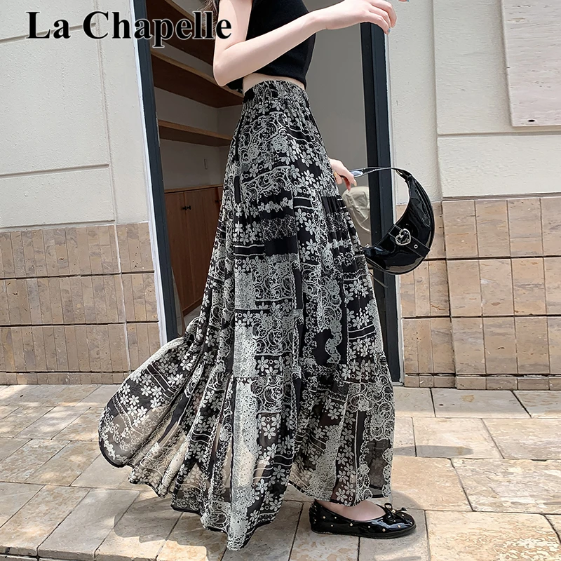 拉夏贝尔复古印花碎花雪纺半身裙女夏季中长款垂感高腰显瘦a字裙