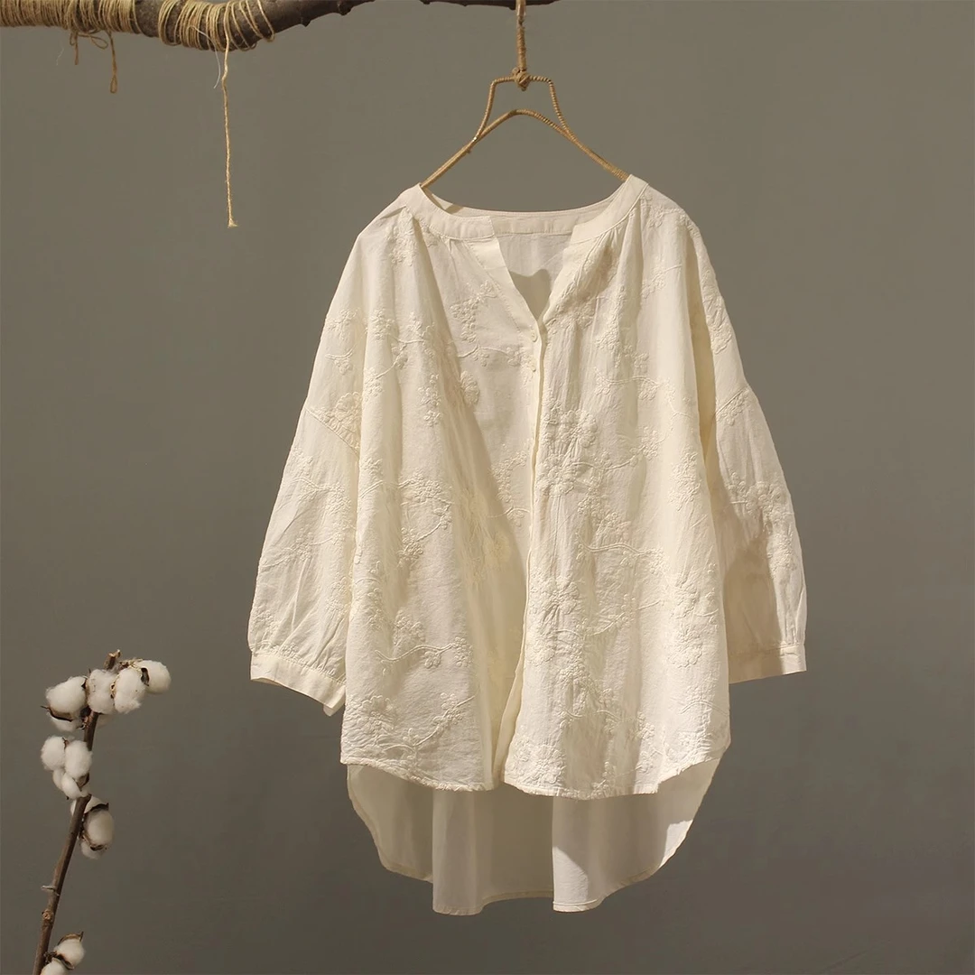 绣花短袖衬衣女士夏季落肩款休闲宽松全棉圆领文艺范减龄开衫上衣