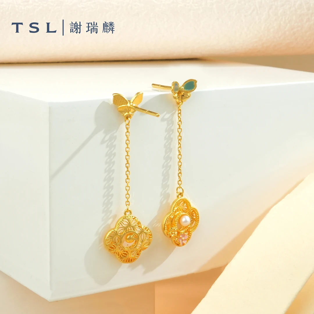 TSL/谢瑞麟足金点钻四叶草耳钉