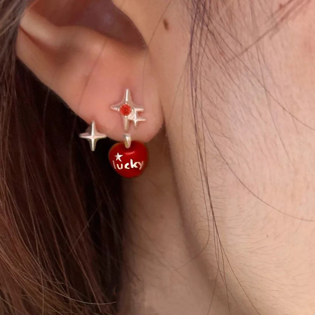 铜合金树脂耳饰 韩式设计感锆石星星苹果耳环个性时尚百搭耳饰