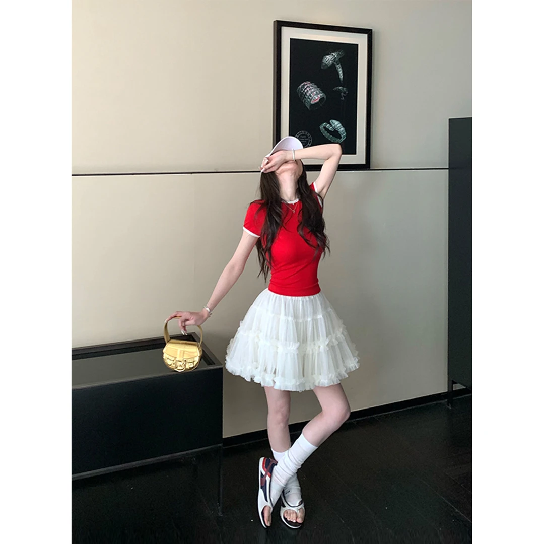 SKKSkk Store 柔纱花笺 重工设计感蛋糕网纱蓬蓬半身裙A字短裙