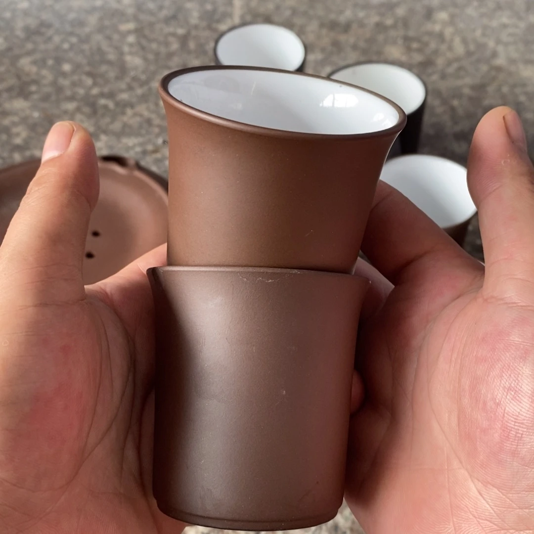 茶壶紫砂老紫泥竹节白釉杯120cc左右两个