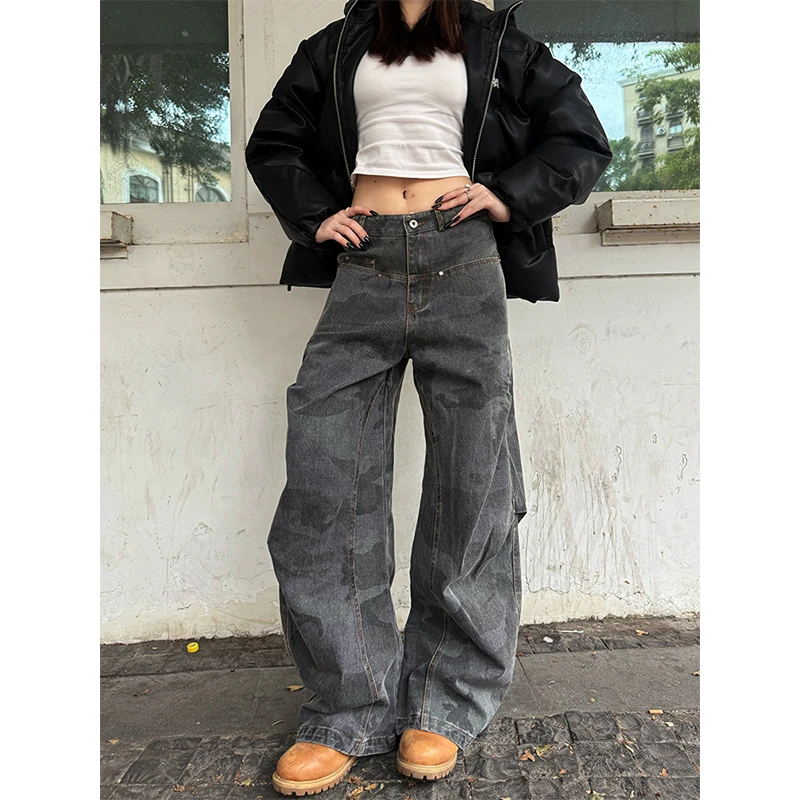 克林菲美式复古水洗做旧褶皱迷彩工装裤男女宽松休闲弯刀阔腿长裤