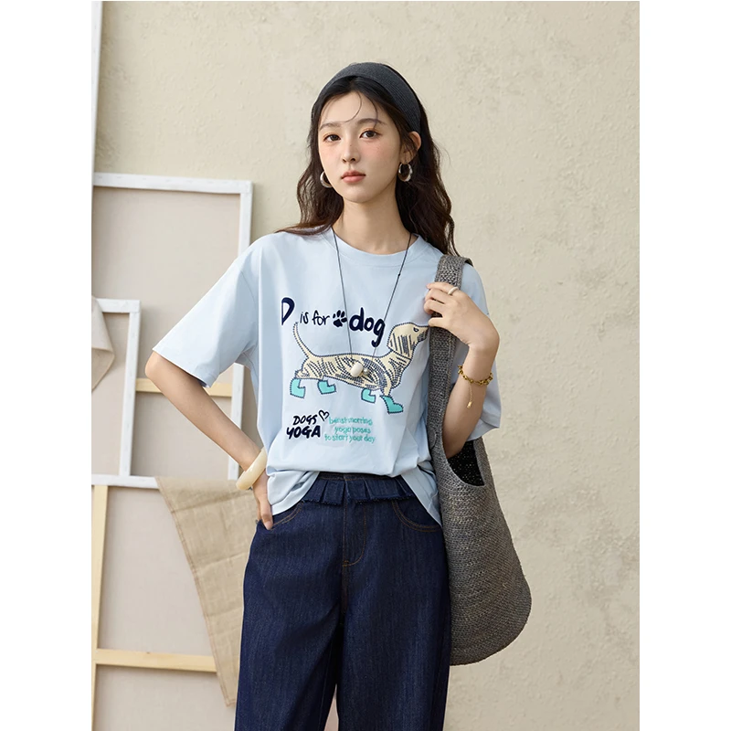 【赵老板专属】谜秀植绒小狗T恤短袖撞色卡通印花上衣MXE33T0542