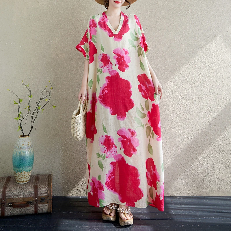 2025夏棉麻短袖V领印花裙宽松文艺度假风复古遮肉长款红花连衣裙