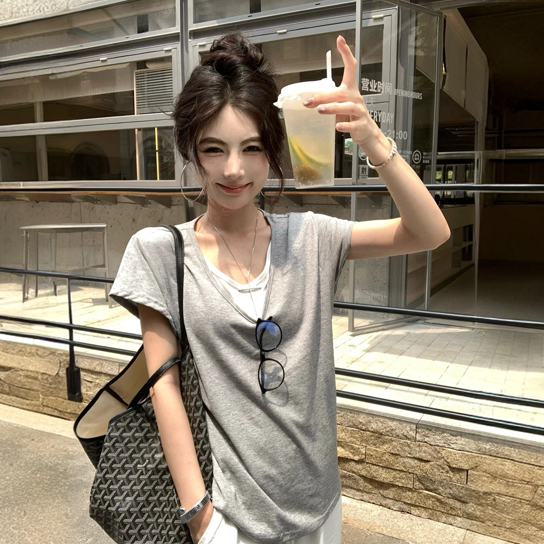 拼接假两件v领短袖T恤女夏季宽松撞色设计感美式辣妹chic百搭上衣