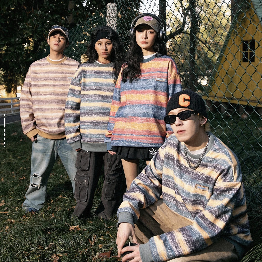 No Tears 华夫格圆领条纹套头上衣学院风美式宽松基础款卫衣2508