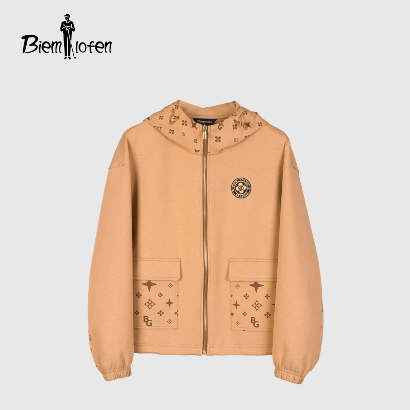 社交约会【轻舒棉】比音勒芬秋季新款女士连帽外套星光老花针织夹克