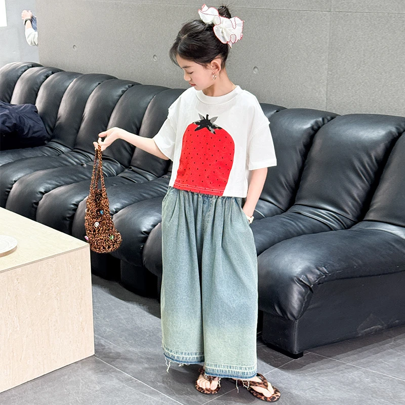 女童短袖T恤夏季2025新款中大童网红洋气时髦体恤女孩宽松上衣潮