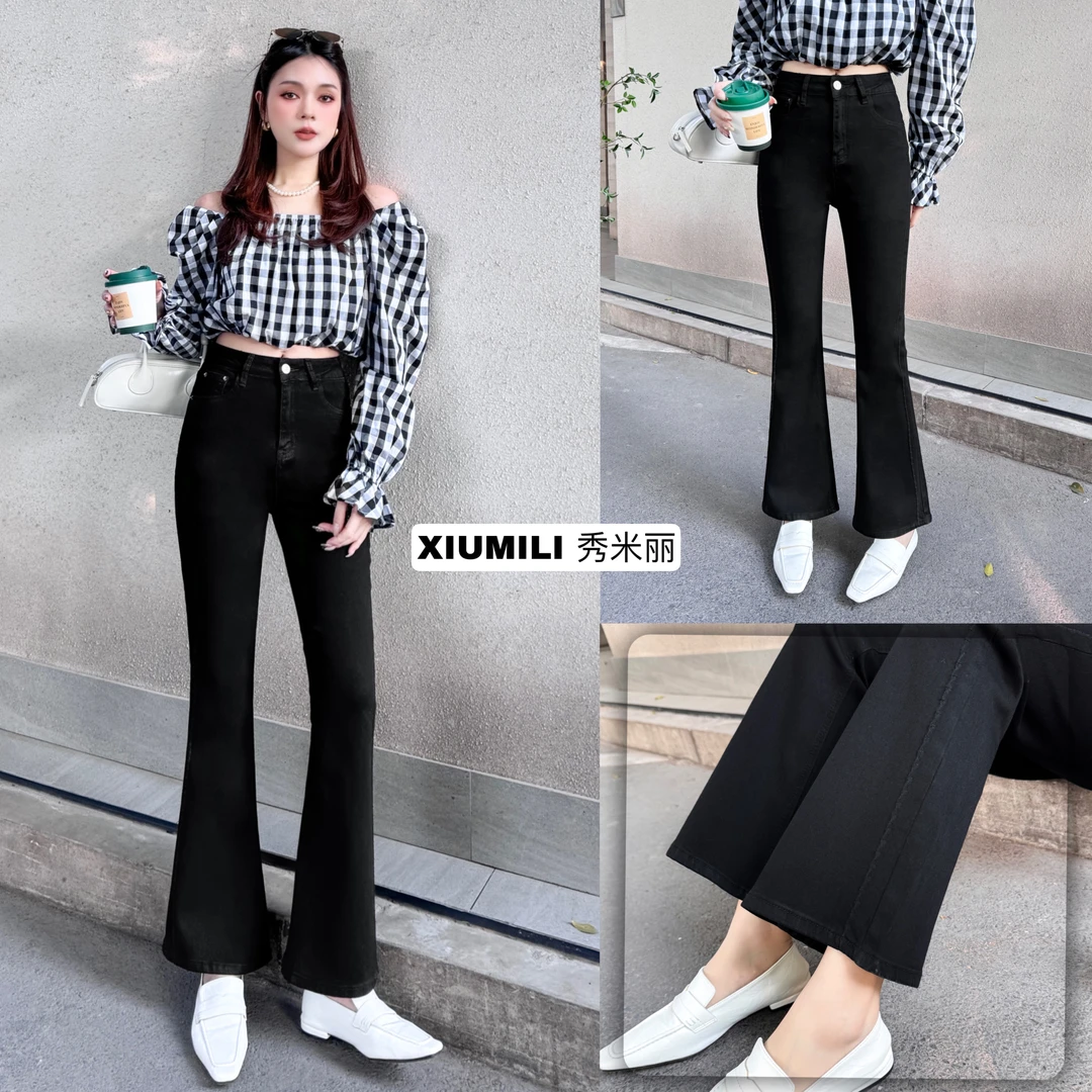 秀米丽黑色微喇牛仔裤女新款梨形小个子高腰显瘦喇叭裤裤子1216