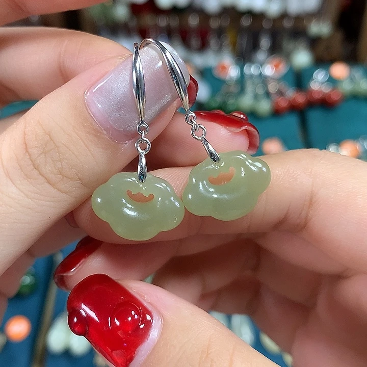 和田玉银S925镶嵌耳饰平安锁15.5*11+左右