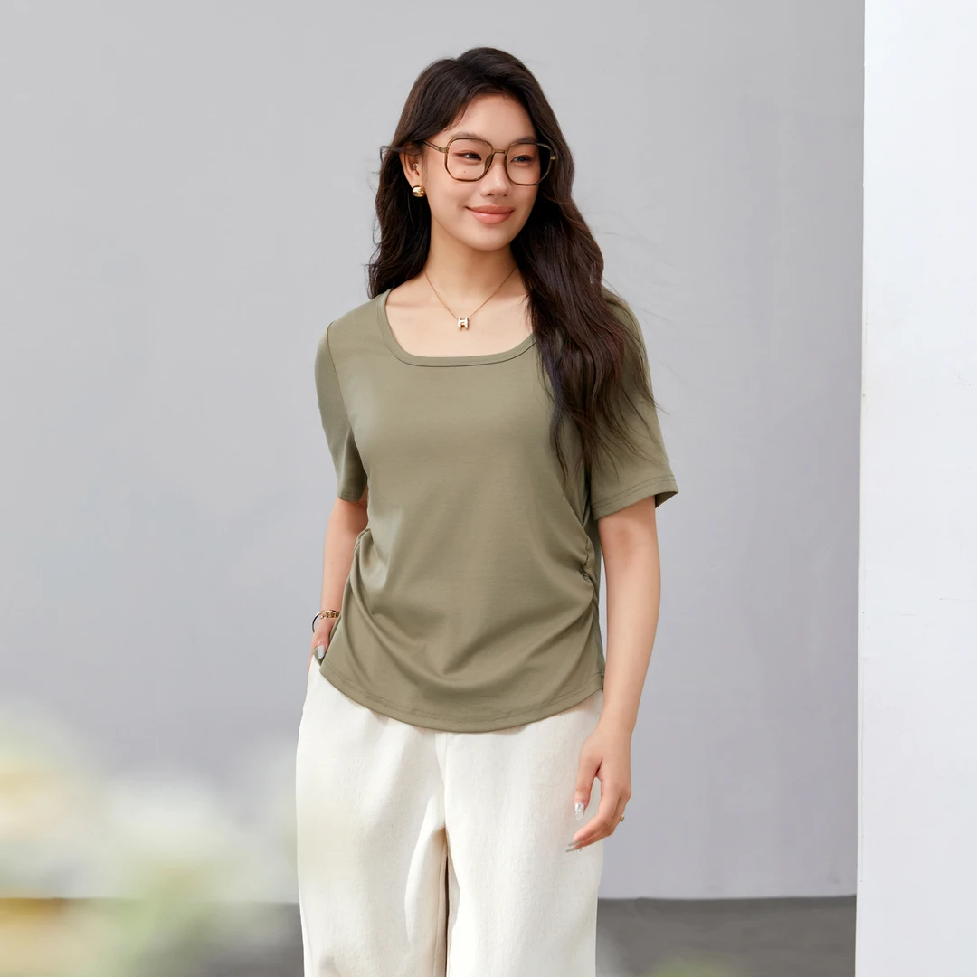 【简约气质时尚T恤】纤莉秀大码女装方领休闲百搭显瘦短袖QK0170