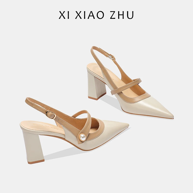 米白色包头凉鞋女粗跟尖头玛丽珍鞋温柔风小香风一字带后空高跟鞋